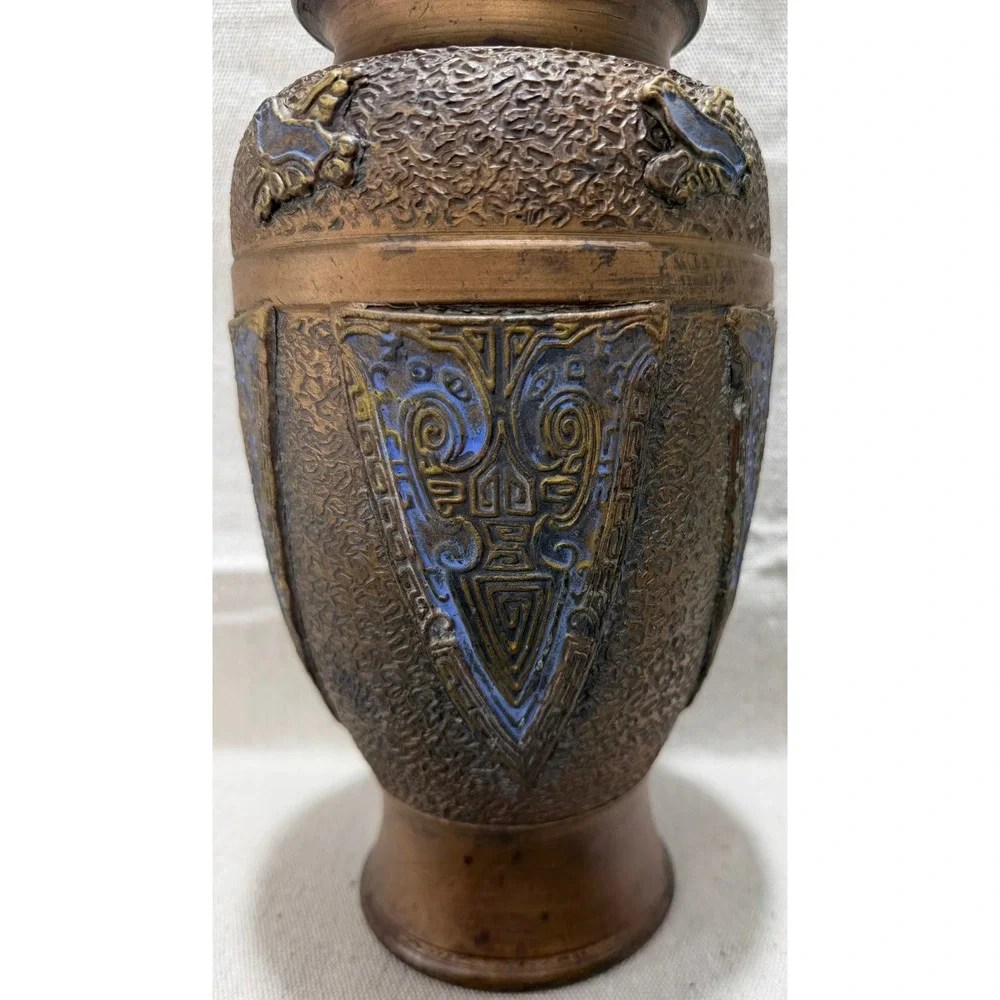 Vintage Japanese Bronze Relief Vase Archaic Taotie Bird Motif Blue Enamel 10.5in